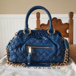 Marc Jacobs Stam Blue Quilted Leather Shoulder Bag with Gold Hardware